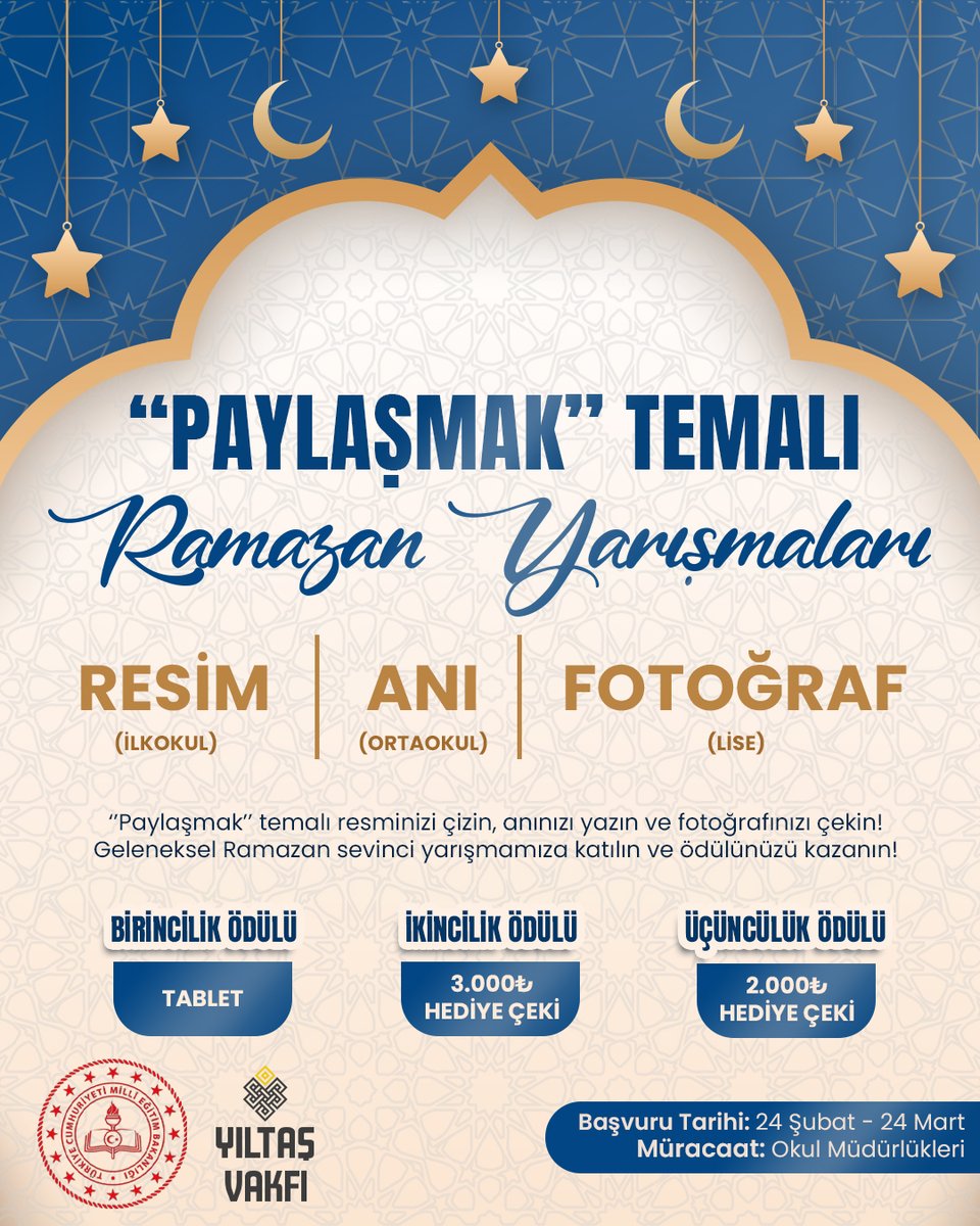 Bolu İl Milli Eğitim Müdürlüğü ve Yıltaş Vakfı iş birliğiyle  "Paylaşmak" temalı Ramazan yarışmaları düzenleniyor. Ramazan’ın ruhunu resimle, anılarla ve fotoğraflarla paylaşmaya hazır mısın? ✨

🎨 İlkokul öğrencileri için: Resim yarışması
📖 Ortaokul öğrencileri için: Anı