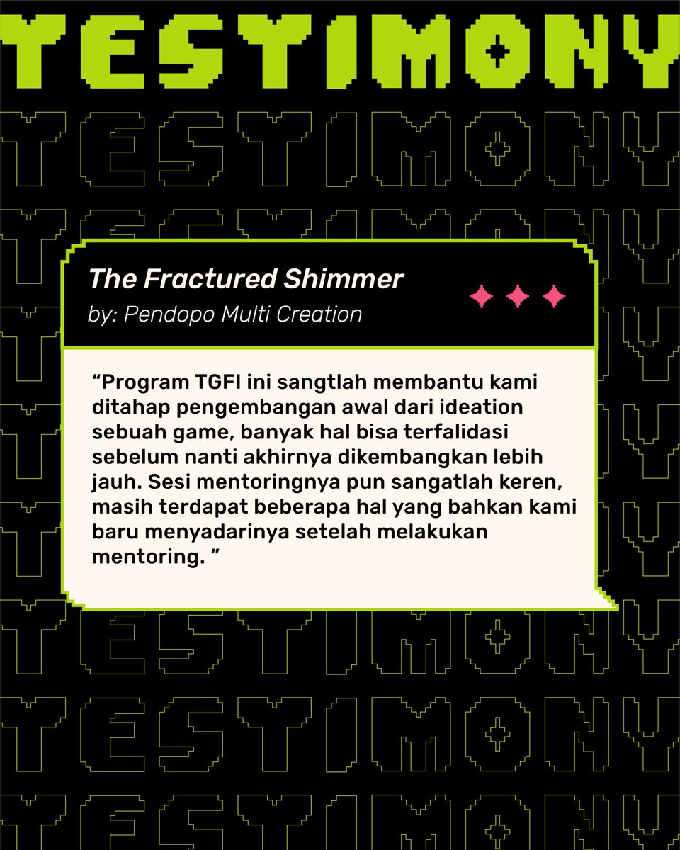 Toge Productions ๐ฑ (@togeproductions) on Twitter photo Congratulations to our TGFI funding program graduates!๐
All projects has successfully finishing our TGFI mentorship and funding program! Donโt forget to check out their game link below ๐
๐ฎ๐ฉ The Fractured Shimmer by @pendopostudio
Check out the game: store.steampowered.com/app/3100420/Thโฆ Congratulations to our TGFI funding program graduates!๐
All projects has successfully finishing our TGFI mentorship and funding program! Donโt forget to check out their game link below ๐
๐ฎ๐ฉ The Fractured Shimmer by @pendopostudio
Check out the game: store.steampowered.com/app/3100420/Thโฆ
