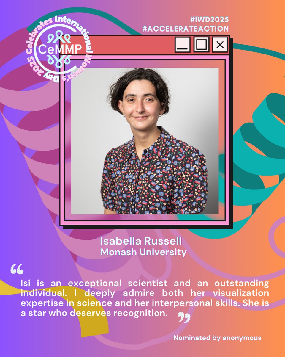 ARC CCeMMP (@ccemmp) on Twitter photo Today we highlight Isabella Russell from Monash University. 👏
Stay tuned for more in our #CCeMMP #IWD25 series!🔊
#IWD2025 #WomenInScience #AccelerateAction
<a href="/MIPS_Australia/">Monash Institute of Pharmaceutical Sciences</a>
<a href="/arc_gov_au/">Australian Research Council</a> Today we highlight Isabella Russell from Monash University. 👏
Stay tuned for more in our #CCeMMP #IWD25 series!🔊
#IWD2025 #WomenInScience #AccelerateAction
<a href="/MIPS_Australia/">Monash Institute of Pharmaceutical Sciences</a>
<a href="/arc_gov_au/">Australian Research Council</a>