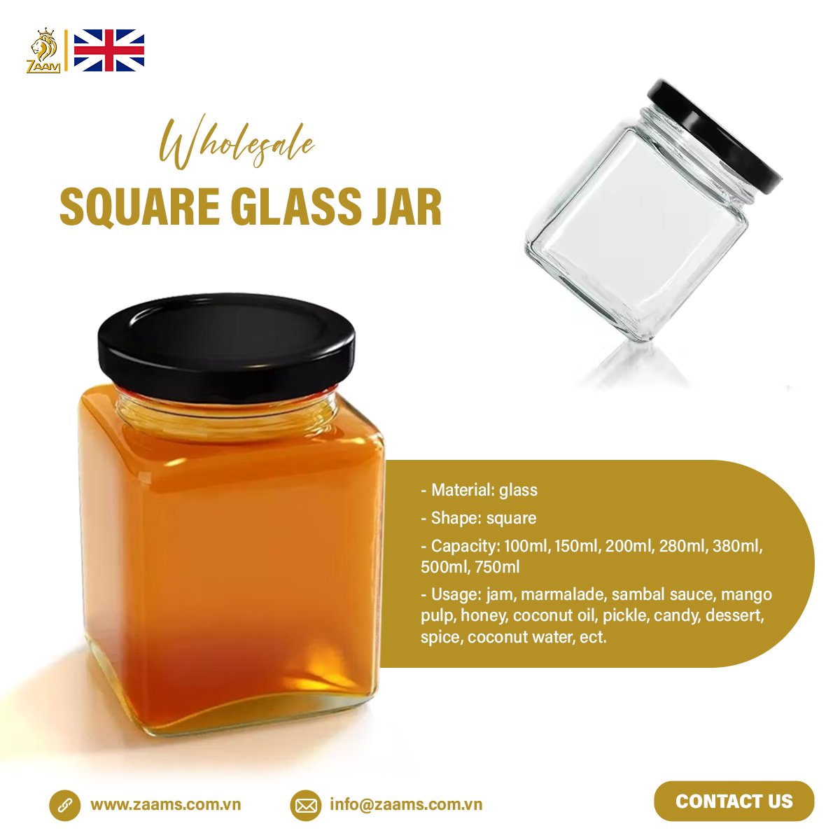 Our clear square glass jars offer a sleek, stackable design that saves space and enhances shelf appeal. Made from high-quality glass, they keep your products fresh while preserving their natural color and flavor.

#zaam #zaams #glasses  #glassjar #foodstorage #jamjar #honeyjar