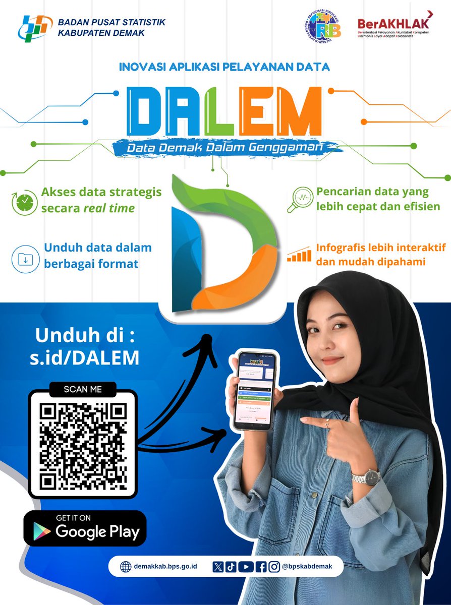 bpskabdemak's tweet photo. BPS Kab. Demak mempersembahkan inovasi aplikasi pelayanan data bernama DALEM (Data Demak Dalam Genggaman).
Buat tahu lebih aplikasi DALEM, segera unduh melalui Google Play atau klik saja tautan https://t.co/0Es47nZAuM
@bpsprovjateng
@bps_statistics
#DALEM #inovasi #zi #wbk #2025 https://t.co/haswBbzNBj