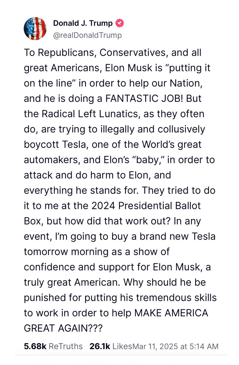 Trump vindt dat Musk niet geboycot mag worden: “Hoe dan ook, ik ga morgenvroeg een gloednieuwe Tesla kopen als blijk van vertrouwen en steun voor Elon Musk, een werkelijk geweldige Amerikaan.”
