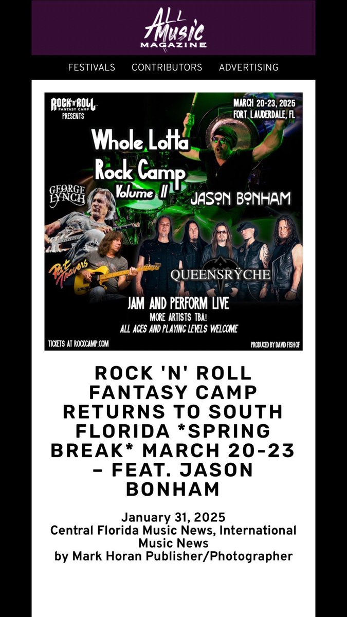 Check out this article in All Music Magazine! 🎶

Whole Lotta Rock Camp is almost here! 🤘 Jason Bonham, George Lynch, Pat Travers, and Queensrÿche are ready to rock—are you?

👉 Link below to read more! 

allmusicmagazine.com/rock-n-roll-fa…

#RockNRollFantasyCamp #WholeLottaRock