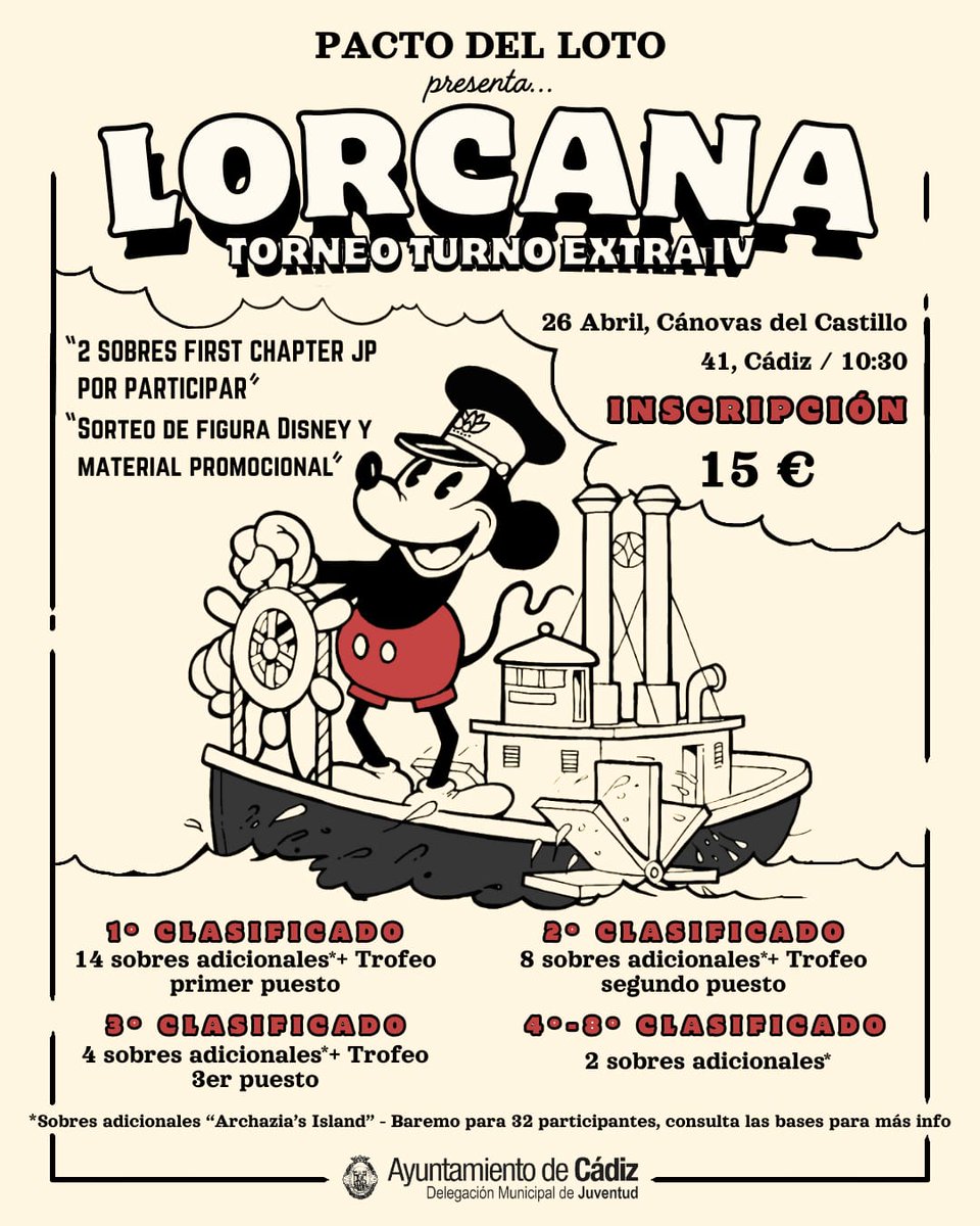 ✨ ¡Magia y tinta se unen para realizar este torneo! ✨

¡Llévate dos sobres del First Chapter en japonés por jugar.

📝 Podéis apuntaros a través de este link:tr.ee/uImyVdUO92

A Recordad leeros las bases y reservar plaza!
#turnoextraIV #pactodelloto #tcg #lorcana #disney