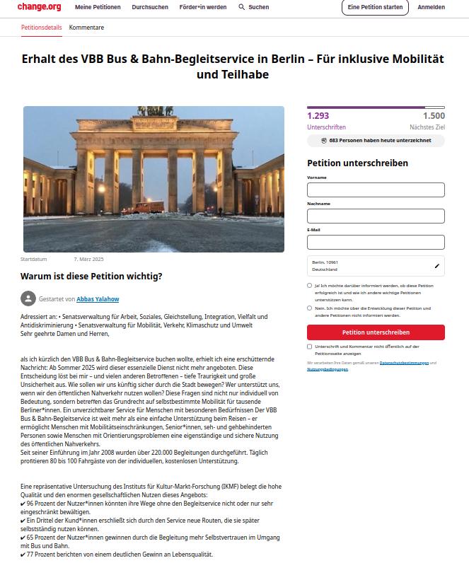 Der Senat Berlin will zum Sommerende den  VBB Bus &amp; Bahn-Begleitservice in Berlin beenden. 
Unterstützt die Petition für den Erhalt de Begleitservice  – Für inklusive Mobilität und Teilhabe. 
change.org/p/erhalt-des-v…
#Unkürzbar  Screenshot heute