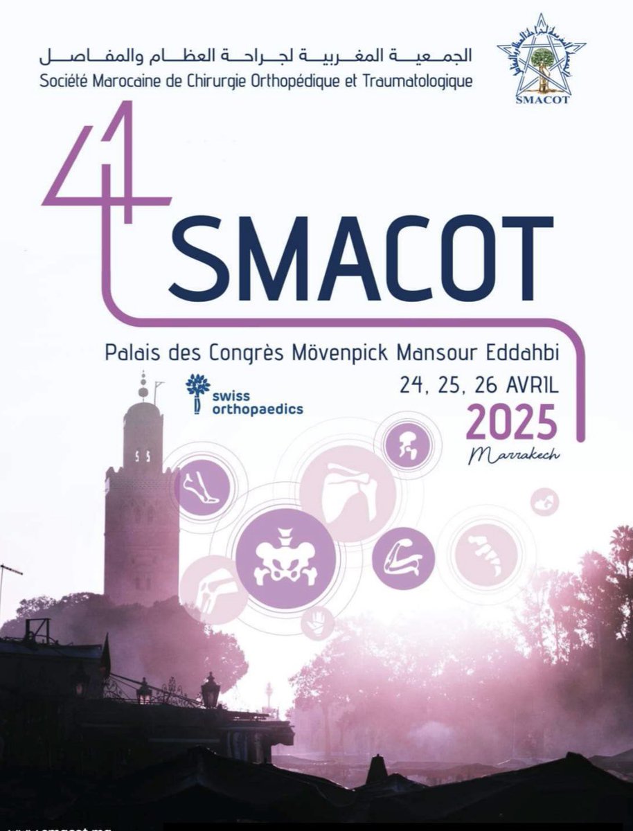 41 Congreso SMACOT. 

📌 El lugar 🌇 del evento será en “Palais des Congrès Mövenpick Mansour Eddahbi” los días 24, 25 y 26 de abril. 

📌 Contará con una mesa SMACOT-SATO el jueves 24 de abril tratando el tema de las fracturas en la osteoporosis severa.