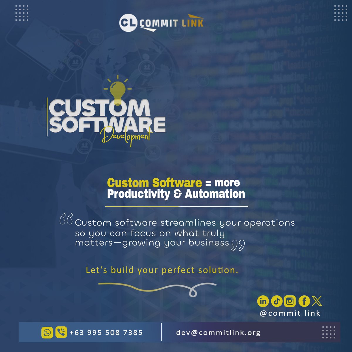 commitLink's tweet photo. 3|  WHY COMPROMISE on SOMETHING WHEN YOU can GET it TAILORED to YOU?
________________________________
Start the Week with productivity and Automation.
CUSTOM SOFTWARE helps you automate your repetive tasks helping you to grow your business. https://t.co/SM761nsQtS
