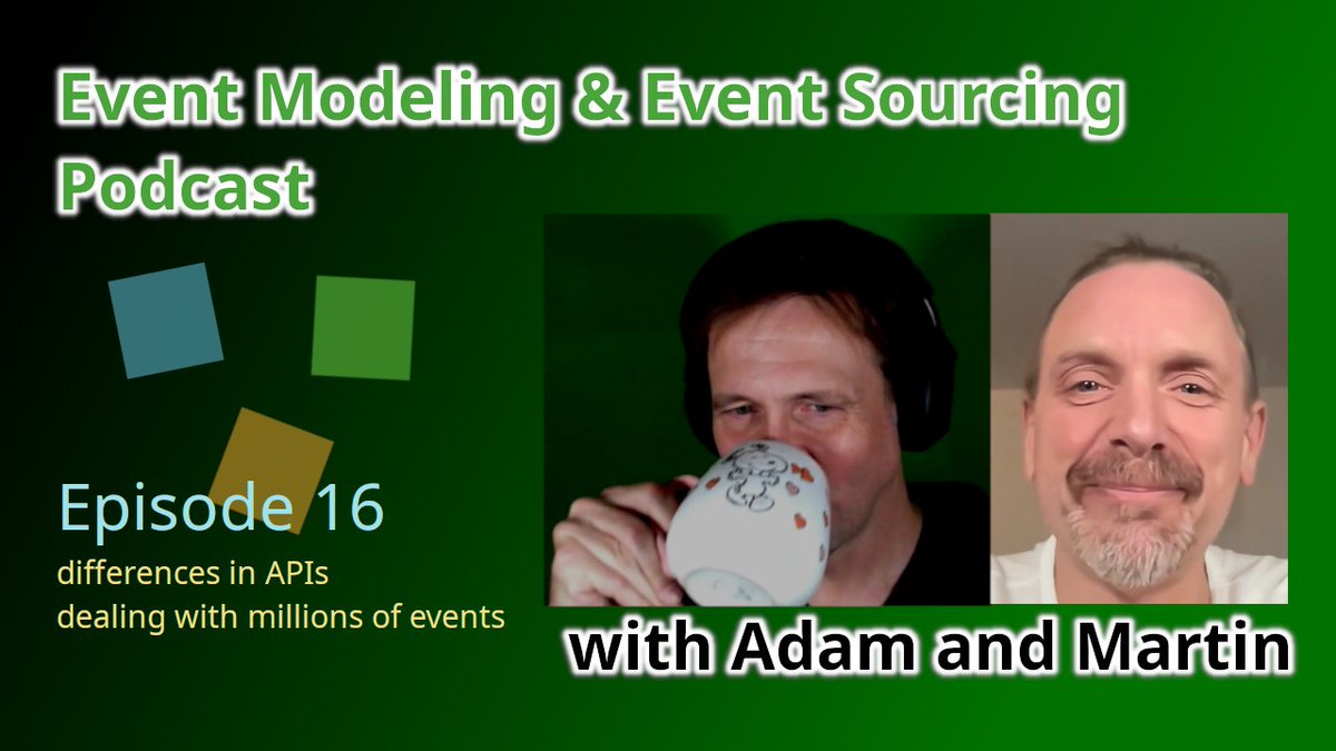 Adam Dymitruk (@adymitruk) on Twitter photo New Episode is out! <a href="/EventModeling/">EventModeling</a> and #EventSourcing podcast Episode 16 deals with different APIs in the event model and dealing with millions of events in event sourcing.
youtu.be/5HUpQwOKpj4
RSS: podcast.eventmodeling.org/index.xml
spotify: open.spotify.com/show/5yIPErSiV…
YT podcasts: New Episode is out! <a href="/EventModeling/">EventModeling</a> and #EventSourcing podcast Episode 16 deals with different APIs in the event model and dealing with millions of events in event sourcing.
youtu.be/5HUpQwOKpj4
RSS: podcast.eventmodeling.org/index.xml
spotify: open.spotify.com/show/5yIPErSiV…
YT podcasts: