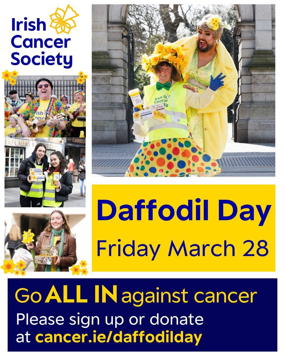Ready to go ALL IN this Daffodil Day - Friday, March 28? Host a coffee morning, a fundraiser at work - however you choose to support #DaffodilDay you'll be making a real impact in the lives of those affected by cancer 💛 Sign up today at cancer.ie/DaffodilDay 💛