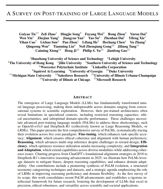 f14bertolotti's tweet photo. I only skimmed this 80-page survey, but it seems very well researched (>500 references to previous works). The authors cover about 7 years of advancements in post-training LLMs.

It has some great illustrations!

🔗https://t.co/miGiFpldiH https://t.co/SOZgXJFFJl