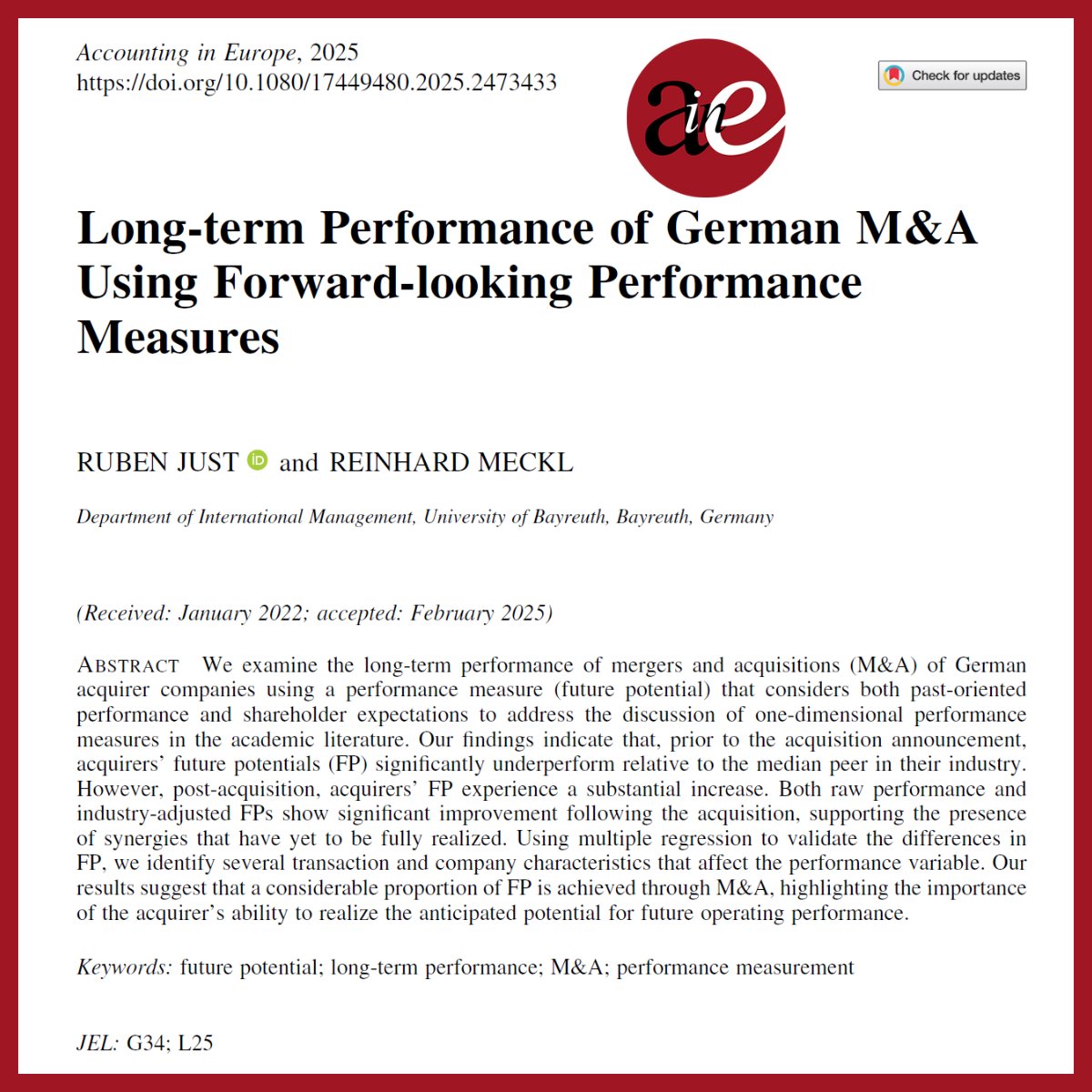 Just and Meckl (both <a href="/unibt/">Universität Bayreuth</a>) bring some new evidence on #LongTermPerformance of #GermanMA Using #ForwardLookingPerformance Measures
doi.org/10.1080/174494…
#aie #research #futurepotential #ltg #mergers #acquisitions #ifrs3 #performance #measurement #accounting #investors