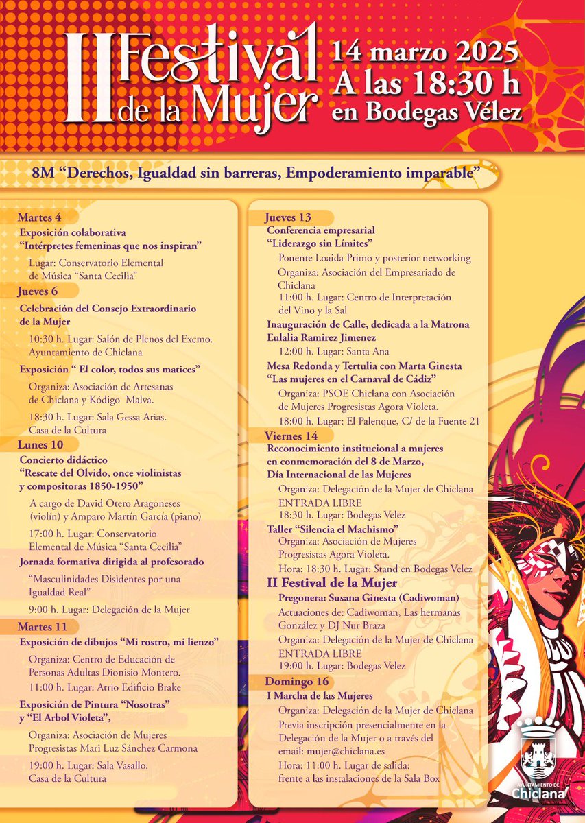 Nos vemos el viernes 14/03 en bodegas Vélez en Chiclana a las 18:30h. Entrada libre. <a href="/bodegasvelez/">Bodegas Vélez</a> 

En el II Festival de la mujer donde será pregonera la Cadiwoman <a href="/susanaginesta/">Susana ginesta</a>, y le acompañaremos la chirigota. 

Os dejamos la programación.