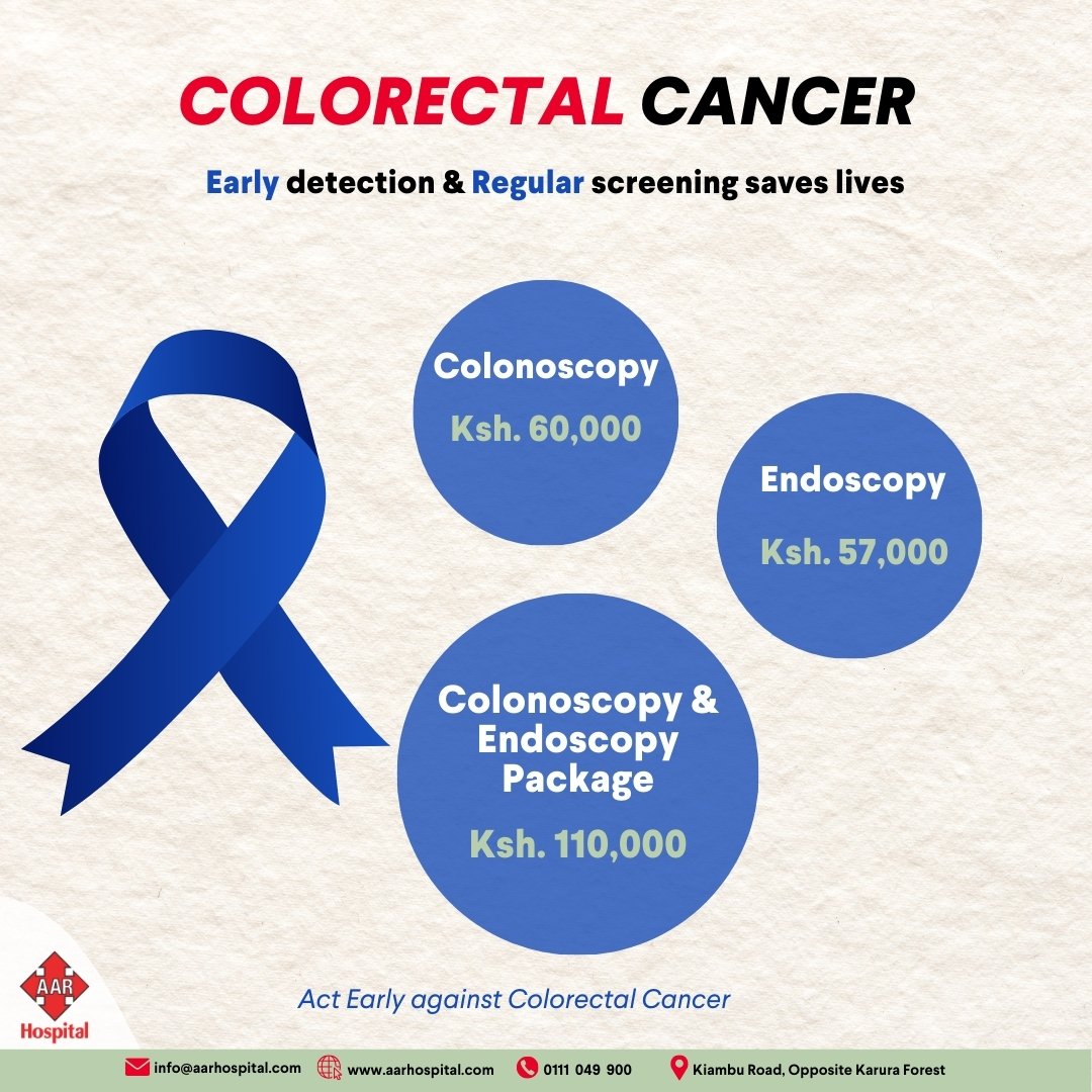 March is Colorectal Cancer Awareness Month. Colorectal cancer is one of the most common and rapidly growing cancers in Kenya.

Take action today—take advantage of our colonoscopy and endoscopy screening packages.

#AARHospital #ColorectalCancerAwareness #Health