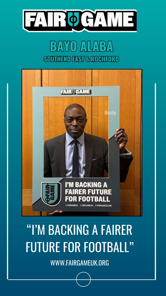 Fair Game (@fairgameuk) on Twitter photo Now is the time to fix football. The regulator is coming
<a href="/BayoAlaba/">Bayo Alaba MP</a> thanks for your support
⚽️Let's build a fairer future for football together
<a href="/shrimperstrust/">Shrimpers Trust</a> <a href="/SUFCRootsHall/">Southend United FC</a> Now is the time to fix football. The regulator is coming
<a href="/BayoAlaba/">Bayo Alaba MP</a> thanks for your support
⚽️Let's build a fairer future for football together
<a href="/shrimperstrust/">Shrimpers Trust</a> <a href="/SUFCRootsHall/">Southend United FC</a>