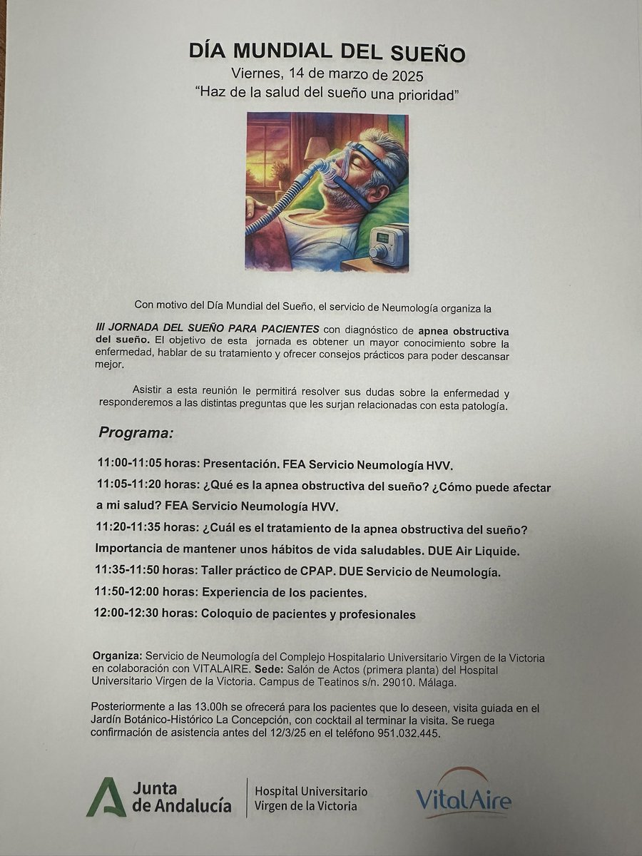 Neumologia H.U. Virgen de la Victoria (@neumologiahuvv) on Twitter photo Os esperamos este viernes en el día mundial del sueño para aprender más sobre esta patología. Si eres paciente o tienes dudas sobre esta enfermedad,¡ el viernes te esperamos! <a href="/HUVV_SAS/">Hospital Clínico Virgen de la Victoria</a> #diamundialdelsueño Os esperamos este viernes en el día mundial del sueño para aprender más sobre esta patología. Si eres paciente o tienes dudas sobre esta enfermedad,¡ el viernes te esperamos! <a href="/HUVV_SAS/">Hospital Clínico Virgen de la Victoria</a> #diamundialdelsueño
