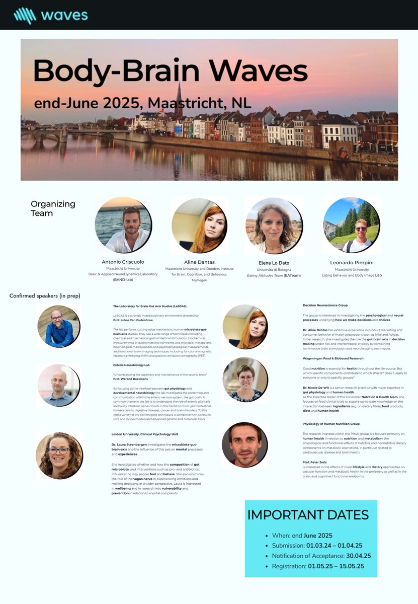 Antonio Criscuolo (@antocris95) on Twitter photo We are now accepting applications for the 3rd edition of #Waves: a special focus on the #gut-#brain axis
Info on applications: lnkd.in/dya4i7HF
Application form: lnkd.in/d3pGU-jC
Please, share across your network :)
<a href="/BodyBrainWaves/">BodyBrainWaves</a> <a href="/BANDLabUM/">BAND-Lab</a> <a href="/maastricht_fpn/">Maastricht Uni FPN</a> We are now accepting applications for the 3rd edition of #Waves: a special focus on the #gut-#brain axis
Info on applications: lnkd.in/dya4i7HF
Application form: lnkd.in/d3pGU-jC
Please, share across your network :)
<a href="/BodyBrainWaves/">BodyBrainWaves</a> <a href="/BANDLabUM/">BAND-Lab</a> <a href="/maastricht_fpn/">Maastricht Uni FPN</a>