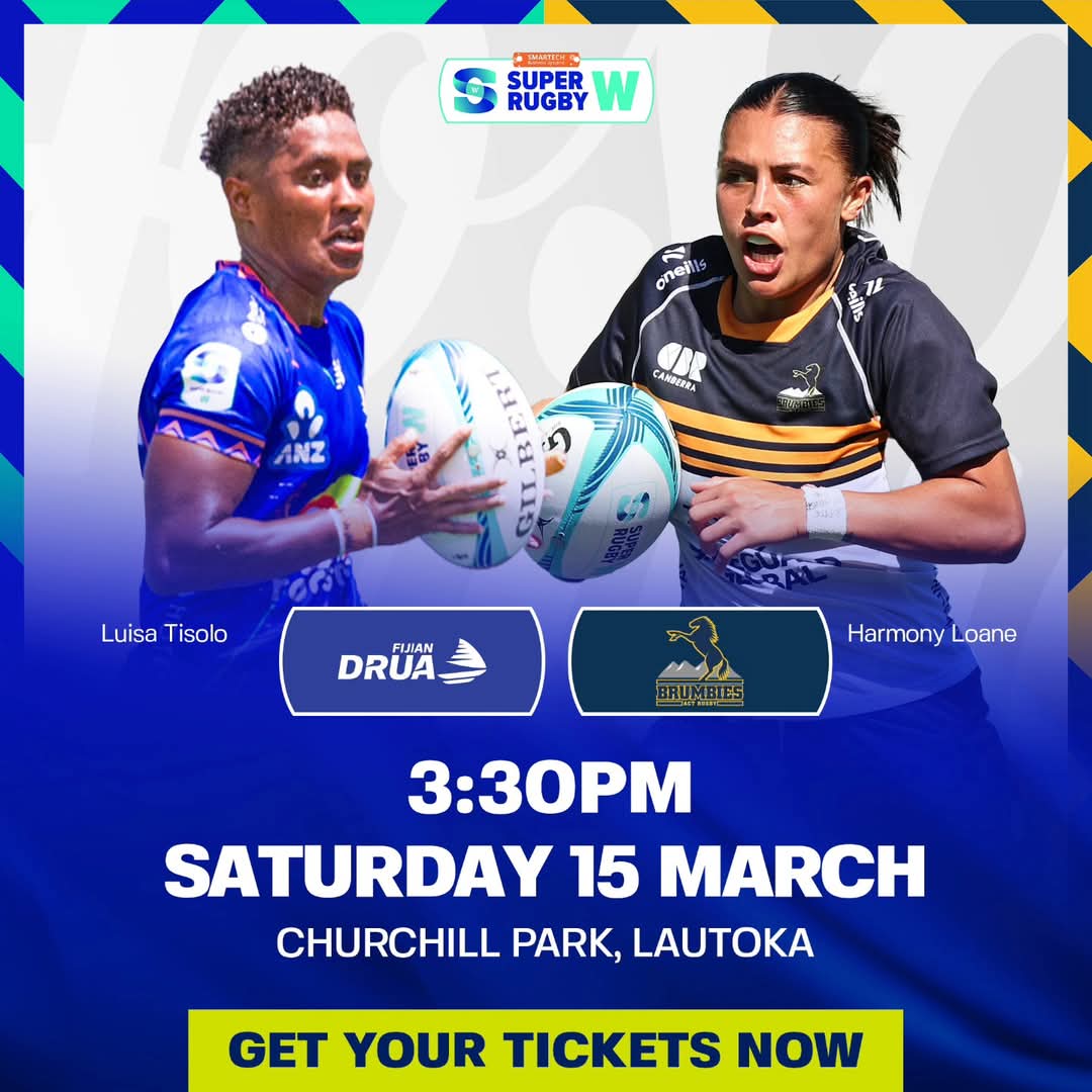 This Satuday, Churchill Park, Lautoka. Tickets from $5.

Watch Fiji's best women's Rugby players in action as the <a href="/Fijian_Drua/">Fijian Drua</a> take on a strong <a href="/BrumbiesRugby/">ACT Brumbies</a> team.

#TosoDrua