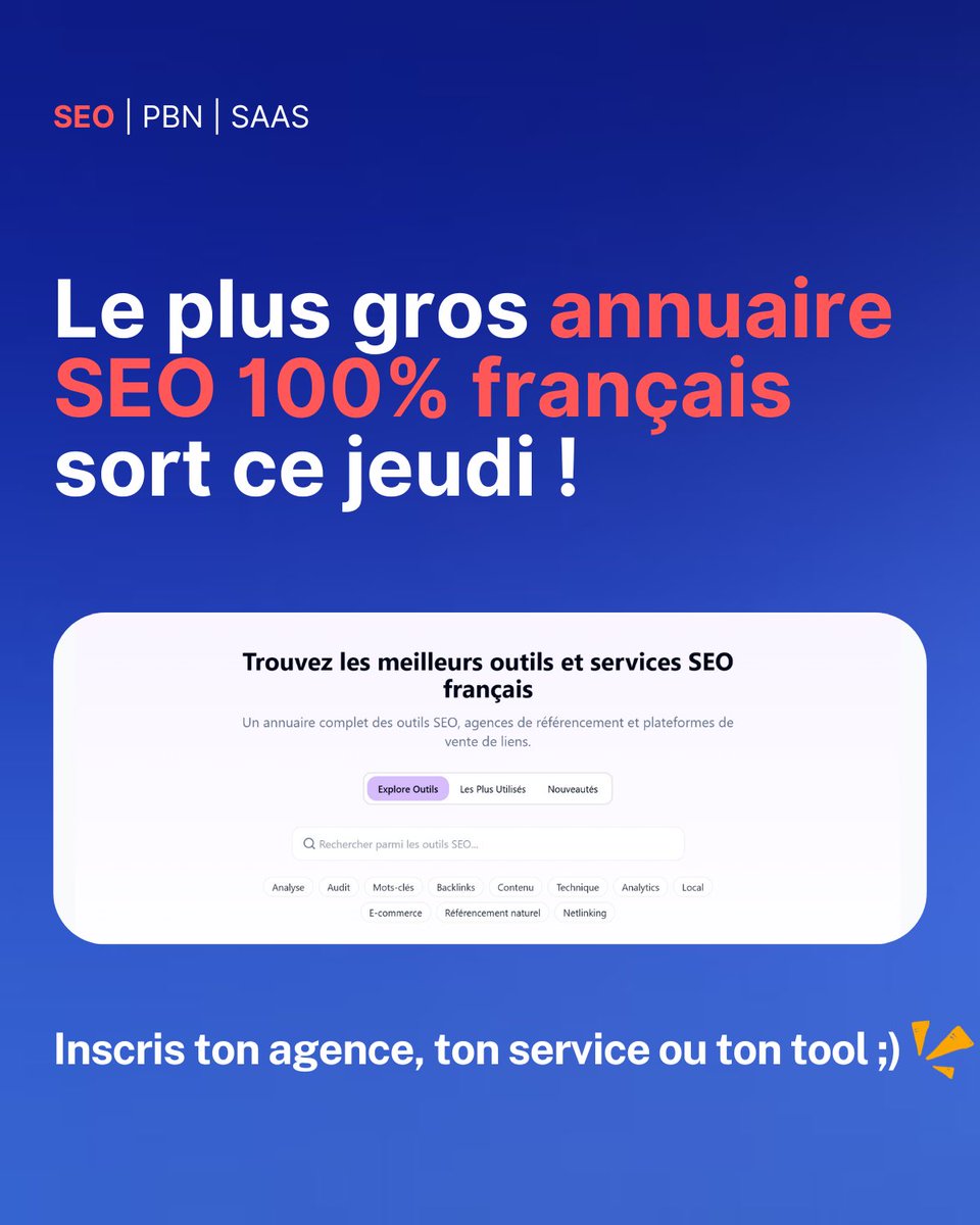 J’ai créé le plus gros annuaire des outils, agences et plateformes de services SEO 100% français et 100% gratuit ! Comme ça en un clic chacun pourra retrouver et comparer la solution qu’il lui faut :D

Je le balance ce jeudi ; Check prochain tweet pour inscrire un tool/agence ;)
