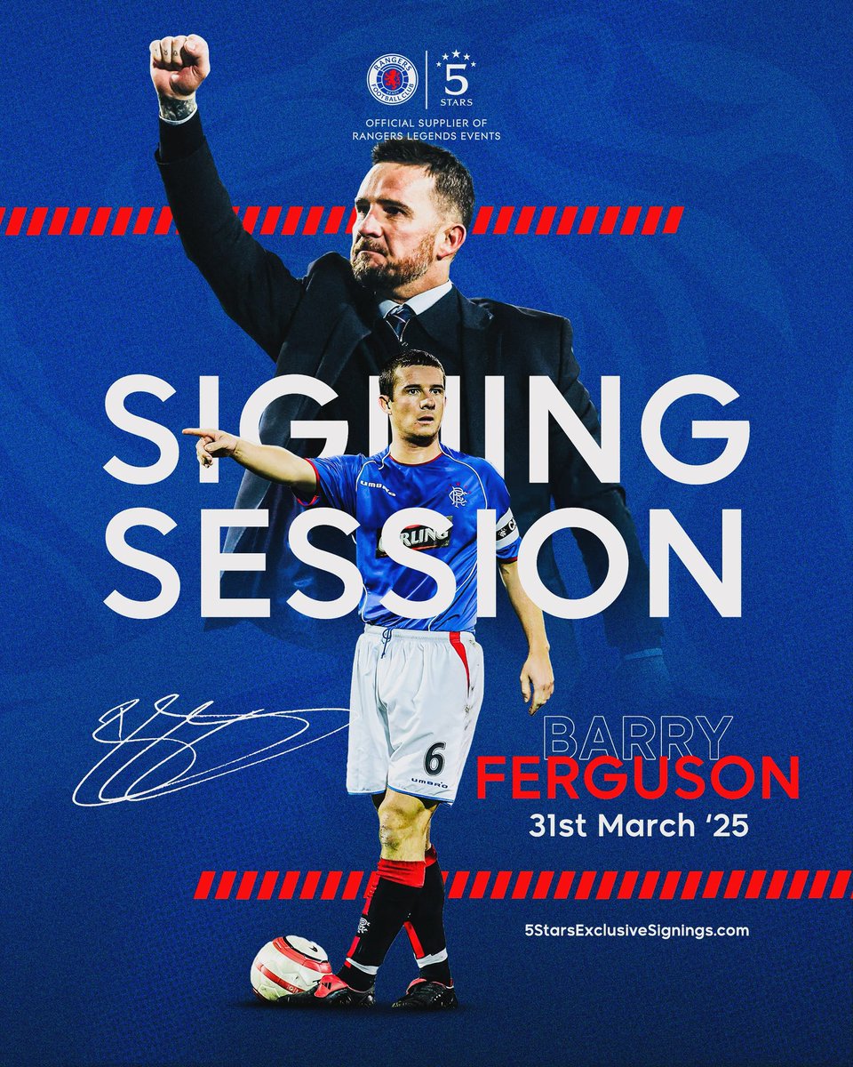 5 STARS ✩✩✩✩✩ (@5starsltd) on Twitter photo 🔴 BIG ANNOUNCEMENT 🔵
We are excited to announce we will be hosting a Signing Session with current <a href="/RangersFC/">Rangers Football Club</a> Manager and former Captain Barry Ferguson 👊
💻Visit: 5starsexclusivesignings.com/collections/ba…
#Rangers #RangersFC #RangersFootballClub #RangersLegends #BarryFerguson #RangersManager 🔴 BIG ANNOUNCEMENT 🔵
We are excited to announce we will be hosting a Signing Session with current <a href="/RangersFC/">Rangers Football Club</a> Manager and former Captain Barry Ferguson 👊
💻Visit: 5starsexclusivesignings.com/collections/ba…
#Rangers #RangersFC #RangersFootballClub #RangersLegends #BarryFerguson #RangersManager