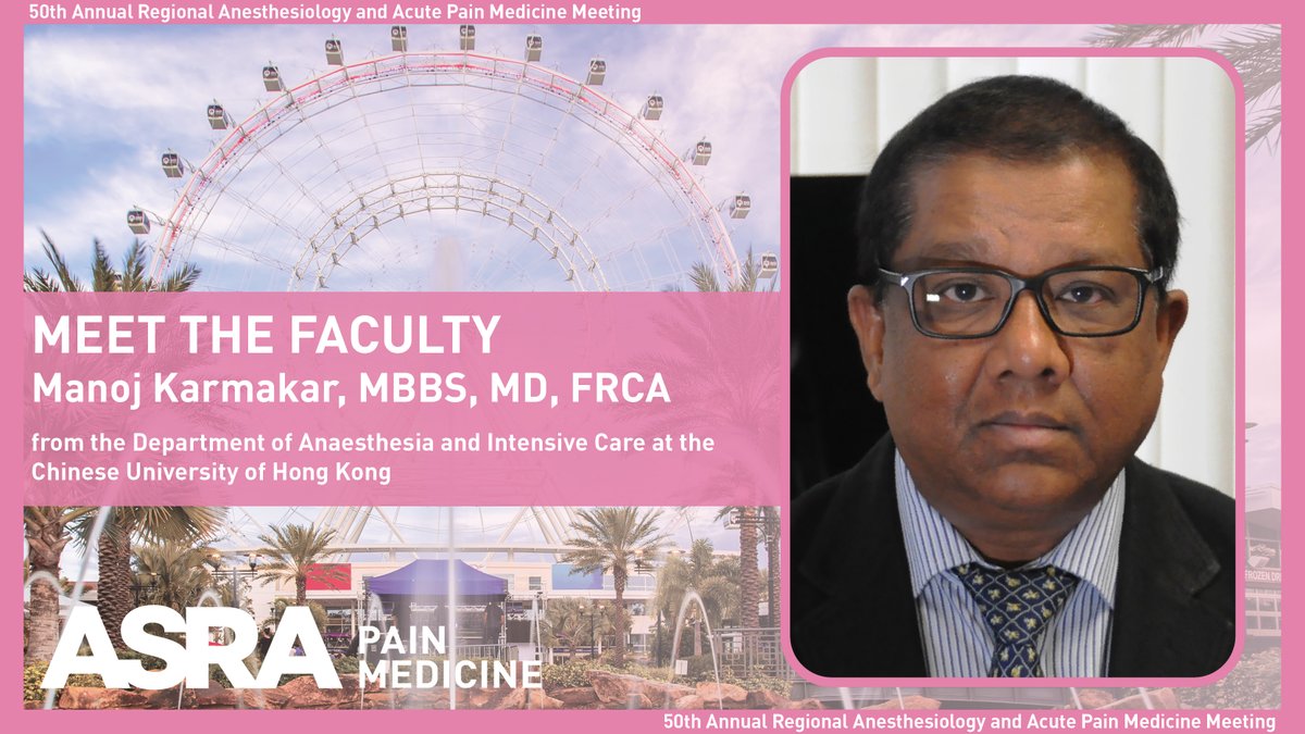 Our next #ASRASPRING25 #ASRA50 faculty feature is Dr. Manoj Karmakar! He will be sharing his expertise on neuraxial ultrasound imaging on May 2 &amp; debating whether PVB is the best technique for thoracic surgery on May 3. Register for these talks and more at asra.com/raapm
