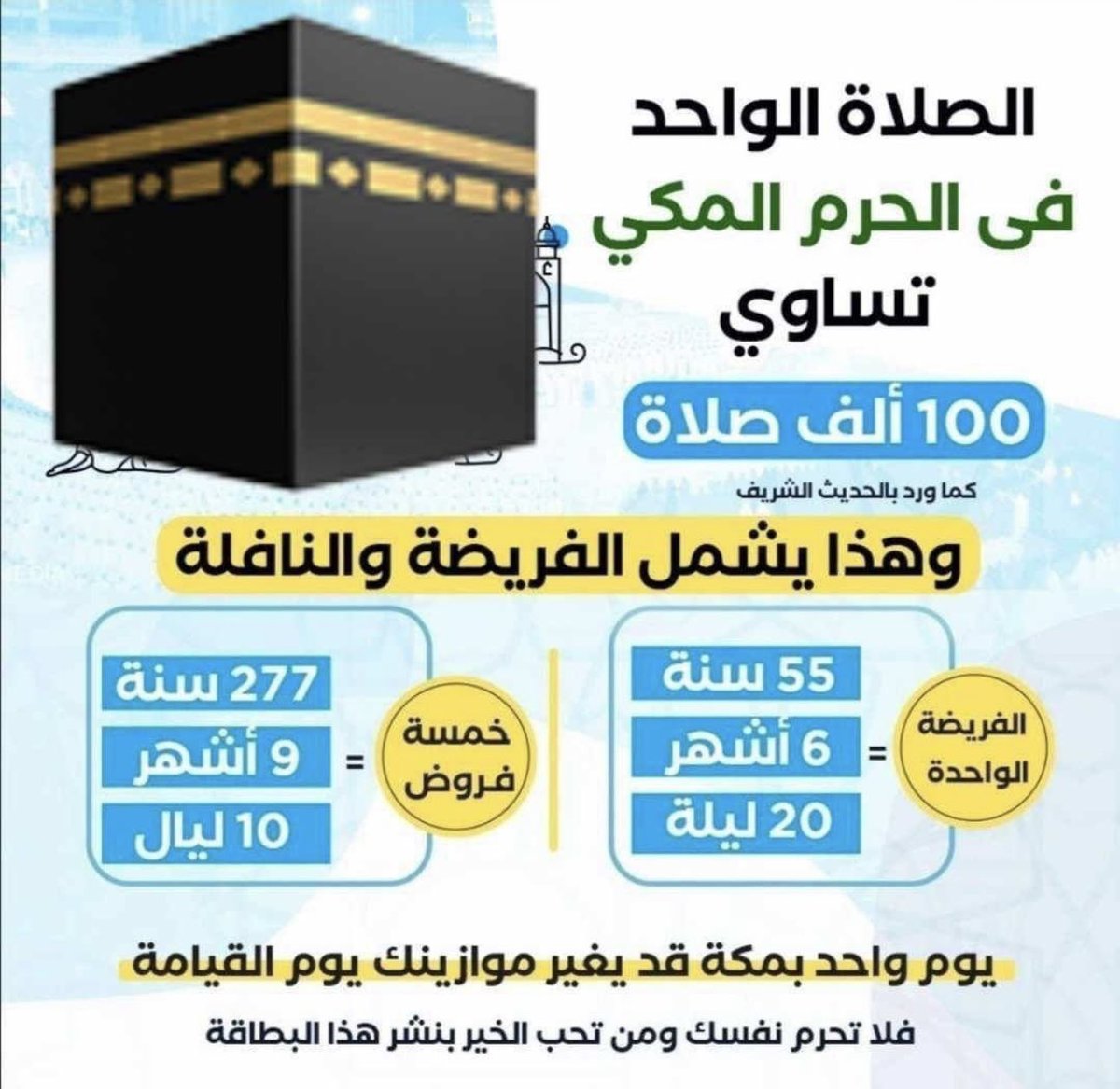 متابعيني الأعزاء … يوم واحد بمكة قد يغير موازينك يوم القيامة .. فلا تحرم نفسك بادر واغتنم الفرصة 🕊🕊