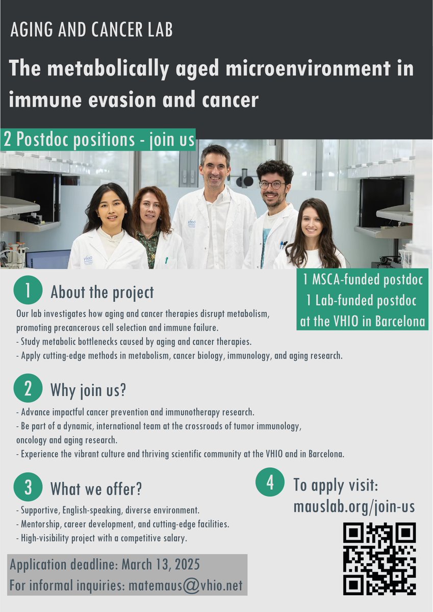🚨 3 days left! 🚨

2 POSTDOC positions 
The metabolically aged microenvironment in immune evasion and cancer

Aging and Cancer Lab, VHIO, Barcelona

Learn more at: mauslab.org/join-us