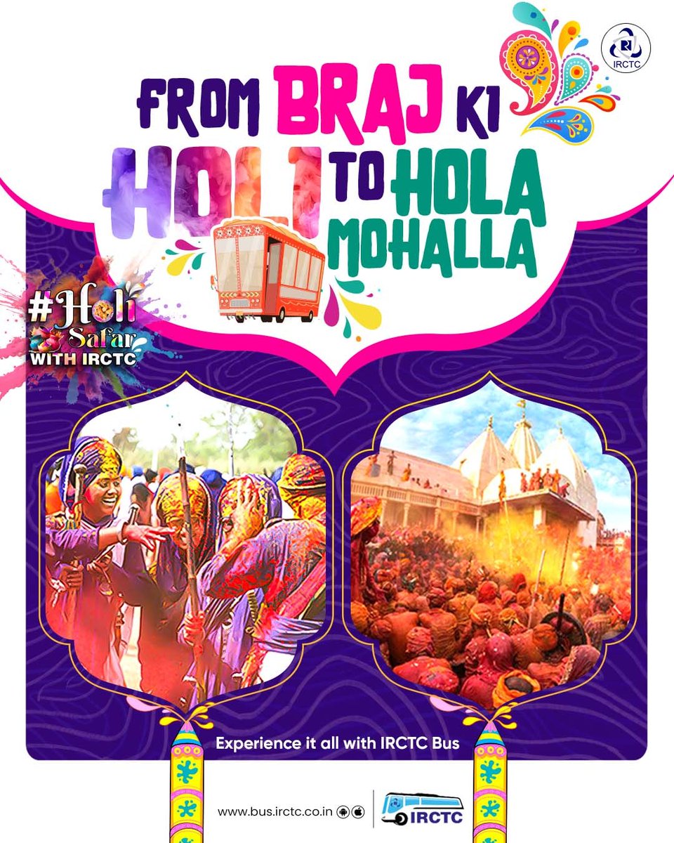 IRCTCofficial's tweet photo. This Holi season, discover the unique celebrations in different regions of India from Punjab's Hola Mohalla to Braj ki Holi in the Mathura-Vrindavan with IRCTC Bus.
Book bus tickets on https://t.co/M9o7cQQQDZ now!
#HappyHoli #Holi #Holi2025 #SimplifyFestiveTravel #HoliSafarWithIRCTC