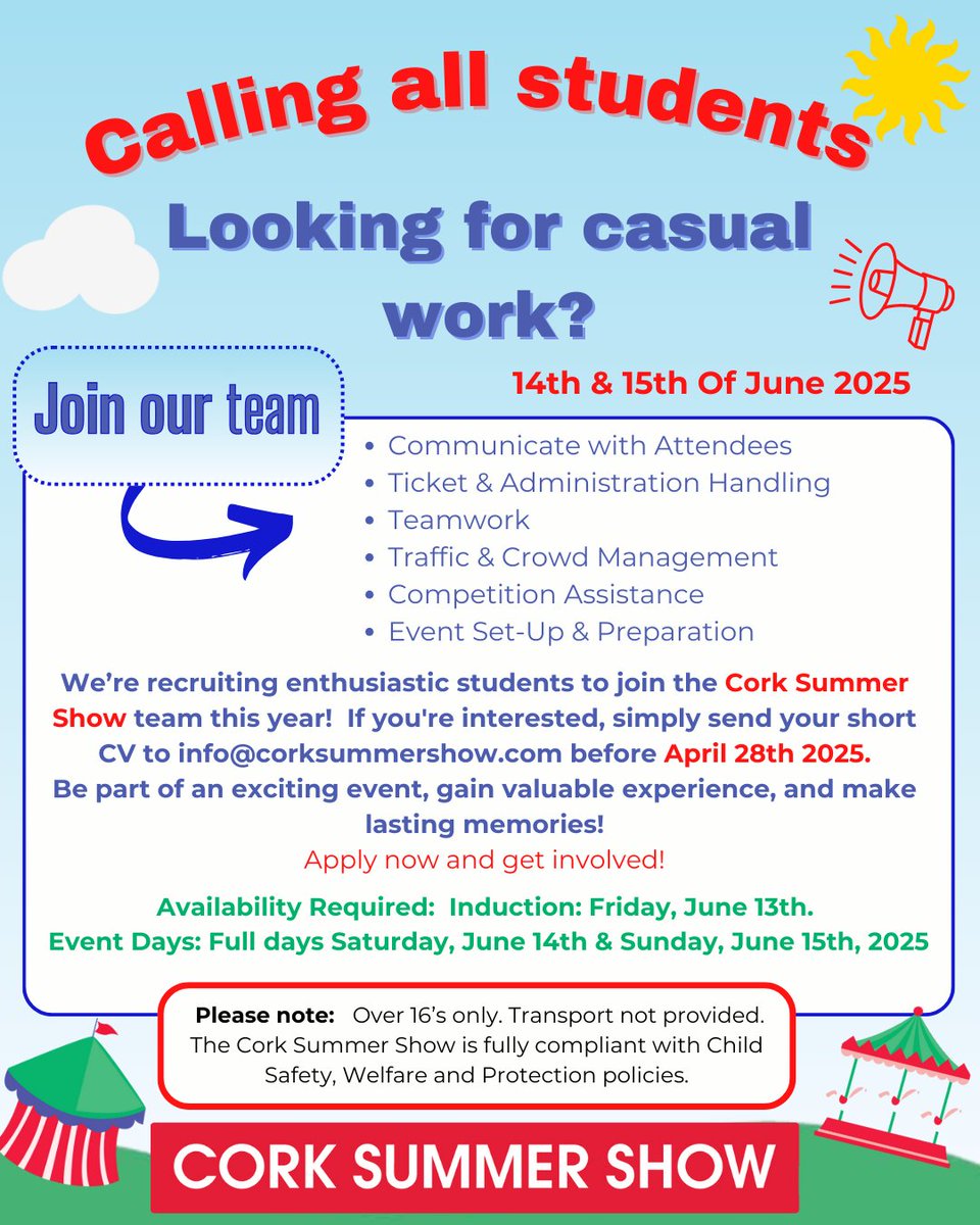 Cork Summer Show (@corksummershow) on Twitter photo 📣CASUAL WORK OPPURTUNITY📣
Looking for enthusiastic people to join our team for the 2025 Cork Summer Show (14th & 15th June)
Email your CV to Info@corksummershow.com before April 28th.
#munsteragriculturalsociety #corksummerevents #CSS #Corksummershow #corksummershow2025 📣CASUAL WORK OPPURTUNITY📣
Looking for enthusiastic people to join our team for the 2025 Cork Summer Show (14th & 15th June)
Email your CV to Info@corksummershow.com before April 28th.
#munsteragriculturalsociety #corksummerevents #CSS #Corksummershow #corksummershow2025