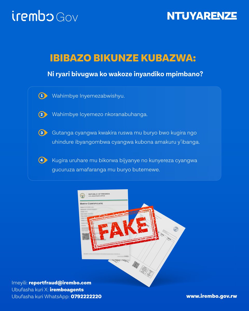 Mu Ajenti w'Irembo, kirazira gukoresha inyandiko mpimbano; mu gihe usabira umuturage serivisi za Leta ku rubuga IremboGov.

Muturage usabirwa serivisi za Leta ku rubuga IremboGov, ni uburenganzira bwawe kubaza amakuru yose arebana na dosiye yawe.

Uhuye n'imbogamizi, duhamagare