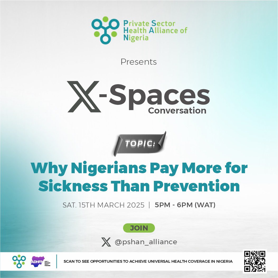 pshan_alliance's tweet photo. Why do Nigerians spend more on treating sickness than preventing it? Let’s talk.
Join us for an impactful X Space conversation as we discuss these healthcare lapses and solutions to #Save10KChildren.
Set your reminders & be part of the change. #HealthForAll #XSpace #PSHAN https://t.co/NAetlilXZi