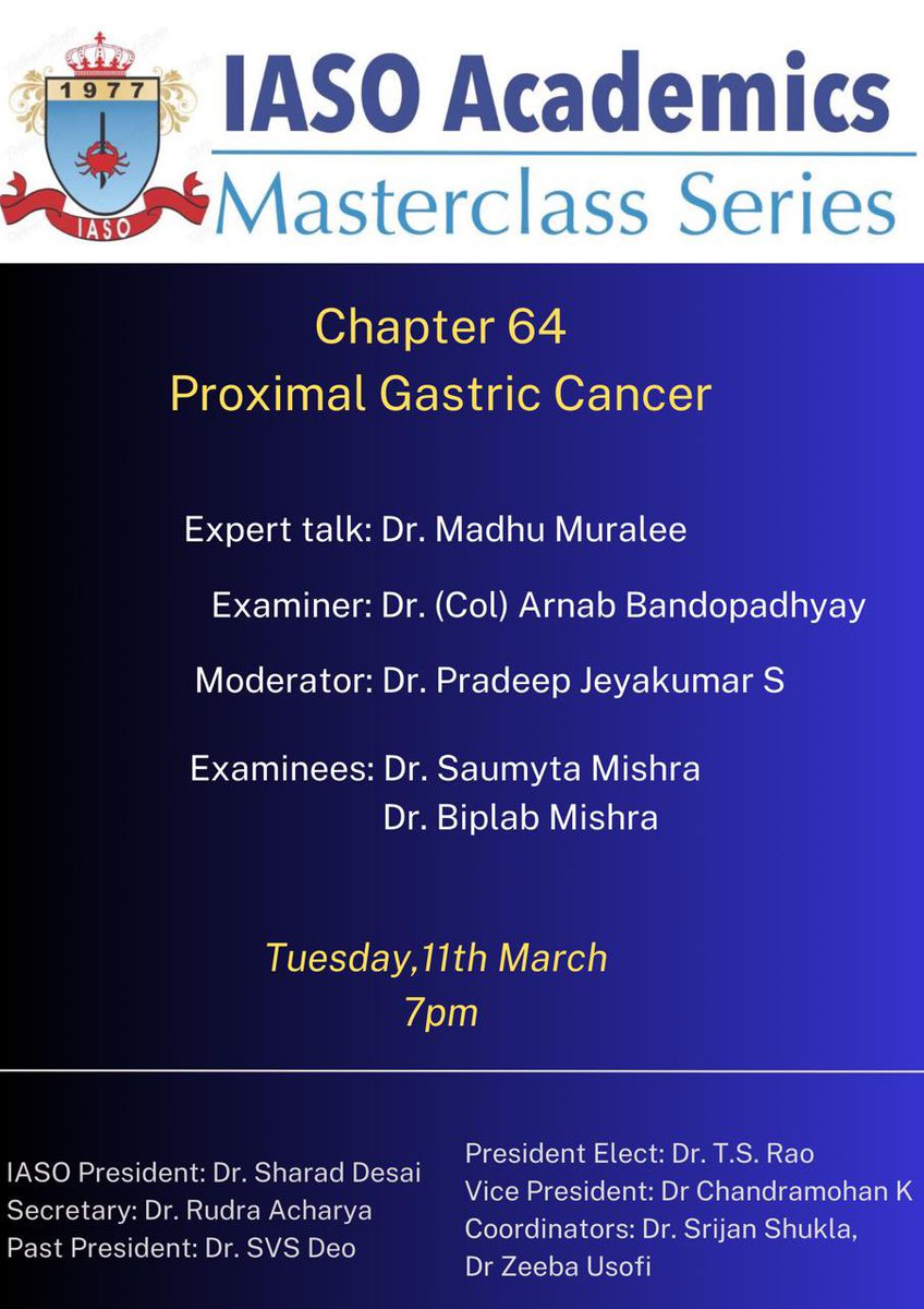 Presenting IASO Masterclass on Proximal Gastric Cancer tonight at 7. Register at zoom.us/webinar/regist…