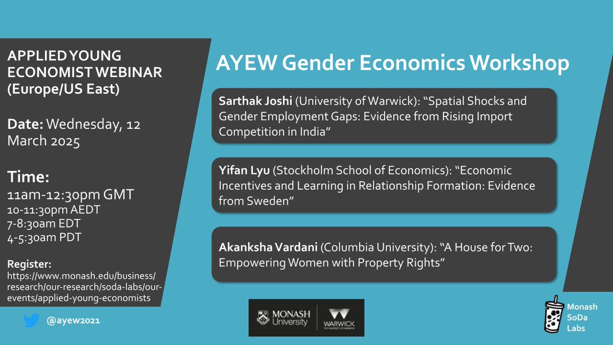 Applied Young Economist Webinar (@ayew2021) on Twitter photo AYEW is back with Season 10!🎊🎉
Join us TOMORROW (12 March) for the Gender Economics Workshop at 11:00am GMT to listen to <a href="/sarthak_joshi/">sarthak joshi</a> (<a href="/warwickecon/">Warwick Economics</a>), <a href="/lyu_yi_fan/">Yifan Lyu</a>
(<a href="/handels_sse/">Stockholm School of Economics</a>) and <a href="/akanksha19950/">Akanksha Vardani</a> (<a href="/columbia_econ/">Columbia Economics</a>)
Sign up for Zoom details: monash.edu/business/impac… AYEW is back with Season 10!🎊🎉
Join us TOMORROW (12 March) for the Gender Economics Workshop at 11:00am GMT to listen to <a href="/sarthak_joshi/">sarthak joshi</a> (<a href="/warwickecon/">Warwick Economics</a>), <a href="/lyu_yi_fan/">Yifan Lyu</a>
(<a href="/handels_sse/">Stockholm School of Economics</a>) and <a href="/akanksha19950/">Akanksha Vardani</a> (<a href="/columbia_econ/">Columbia Economics</a>)
Sign up for Zoom details: monash.edu/business/impac…