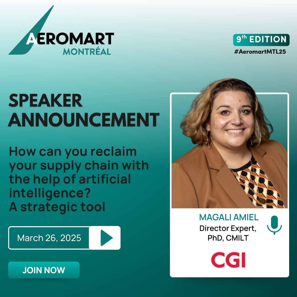 Speaker Announcement 🌟

We are thrilled to welcome Magali Amiel, Directrice Conseil Expert, PhD, CMILT at CGI, to the Aeromart Montréal 2025 speaker lineup!

🗓️ March 26, 2025
📍 Palais des Congrès, Montréal

Get your visitor pass now ➡️ eventbrite.fr/e/aeromart-mon…