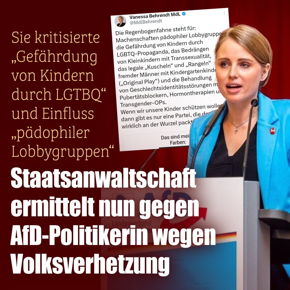 Eine #AfD-Politikerin hat sich auf X kritisch zur Regenbogen-Ideologie geäußert. Jetzt wird gegen sie ermittelt. 
nius.de/gesellschaft/n…