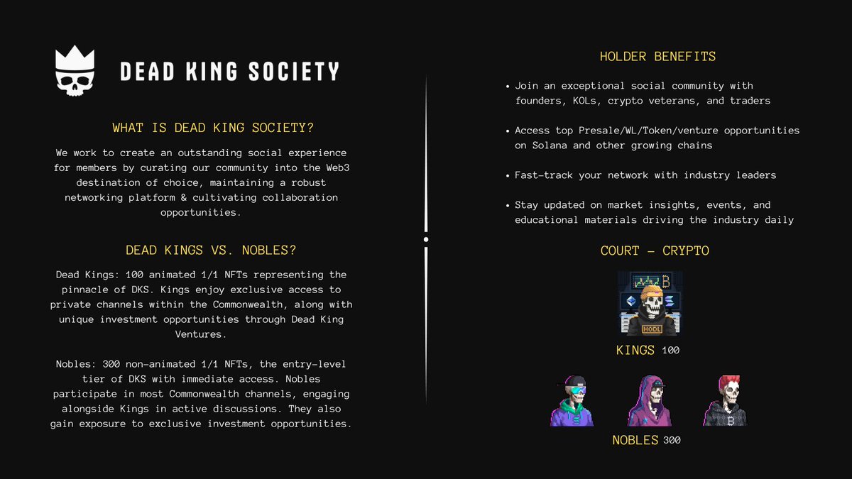 Gm Legends.

No doubt you've heard of <a href="/DeadKingSociety/">Dead King Society</a> or seen posts here on X. 

But what actually is DKS?

Infographic below including FAQ's + benefits 💀👑