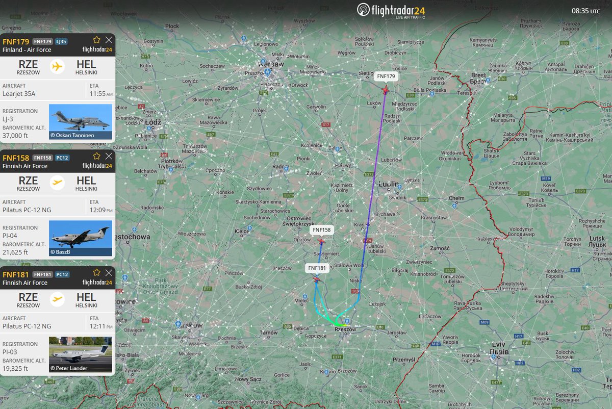 PolishMilRadar's tweet photo. ⌚️ 11.03 09:36LT
🇫🇮✈️ Learjet LJ-35 "LJ-3" #FNF179 oraz dwa Pilatusy PC-12NG "PI-03" & "PI-04" #FNF158 & #FNF181, po odebraniu delegacji rządowej, lecą z Rzeszowa #EPRZ do Helsinek #EFHK
🔗https://t.co/rwkx1KhrVT
#POLMILRADAR https://t.co/iPl9YPChbm