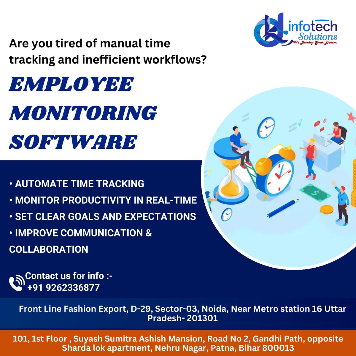 dkinfotechs's tweet image. 🌟 Track productivity effortlessly with our advanced employee monitoring software at Devkant Infotech Solutions. Visit us for smart workforce management! 🚀🛡️

#devkantinfotech #EmployeeMonitoring #workplacetracking #productivitytracker #timetracking #WorkforceManagement
