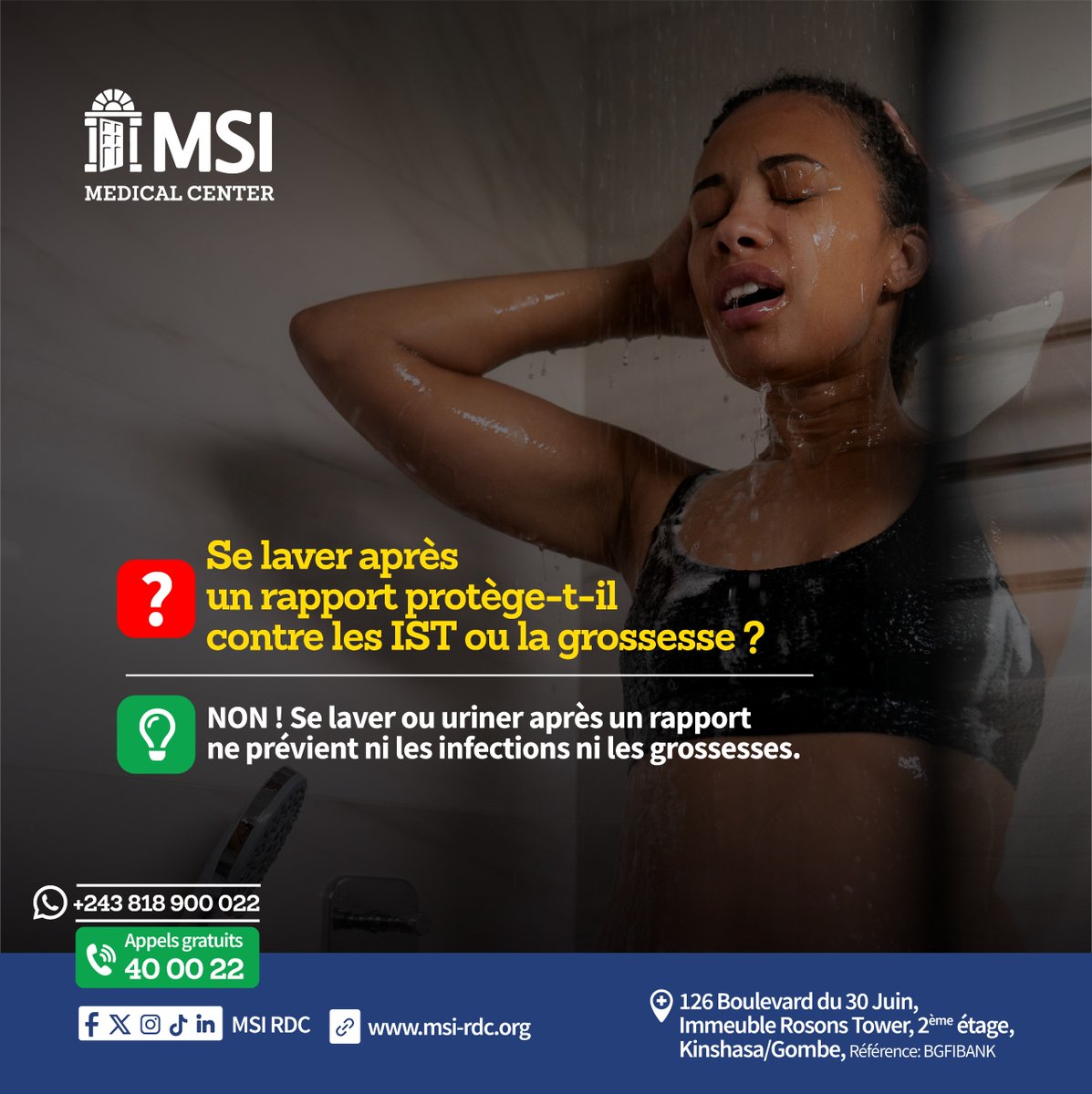 🧐 Q : Se laver après un rapport protège-t-il contre les IST ou la grossesse ?
🗣️ R : NON ! Se laver ou uriner après un rapport ne prévient ni les infections ni les grossesses.
🔴 La seule vraie protection, c’est la contraception et les préservatifs !
 📞 40 00 22