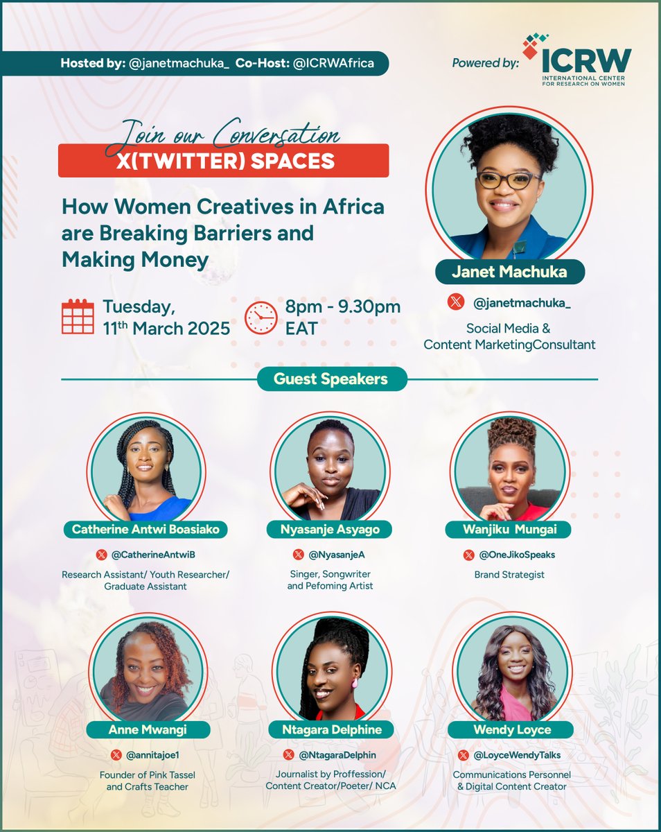 This evening I'll be hosting a conversation powered by <a href="/ICRWAfrica/">ICRW Africa</a> with a panel of 6 women creatives in Africa on transforming creativity to monetary value. 

1. <a href="/CatherineAntwiB/">The Catherine Antwi Boasiako(CAB)</a>, a youth researcher
2. <a href="/NyasanjeA/">Nyasanje Asyago</a>, a musician
3. @OneJikoSpeaks, a branding expert 
4. <a href="/AnnitaJoe1/">✊🏾 Tuirio twega</a>, a