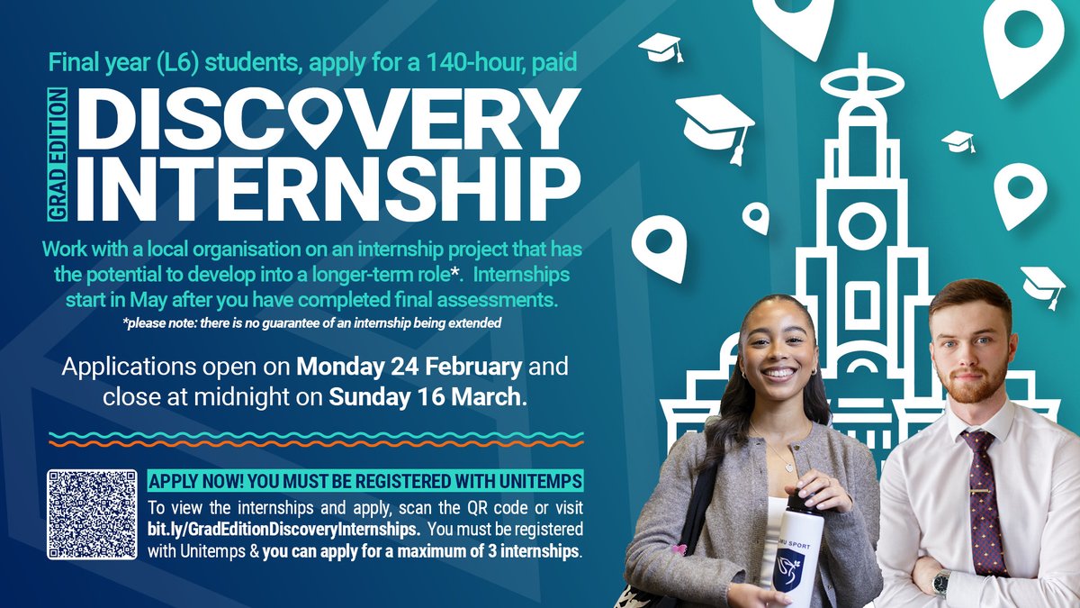 LJMU Student Futures team (@ljmucareers) on Twitter photo 1/3
📢Calling all (L6) final year <a href="/LJMU/">Liverpool John Moores University</a> students! There's still a few days left to apply for a paid, 'Grad Edition' Discovery Internship. These 140-hour internships will be working with a local organisation on a project that has the potential to develop into a longer term role. 1/3
📢Calling all (L6) final year <a href="/LJMU/">Liverpool John Moores University</a> students! There's still a few days left to apply for a paid, 'Grad Edition' Discovery Internship. These 140-hour internships will be working with a local organisation on a project that has the potential to develop into a longer term role.