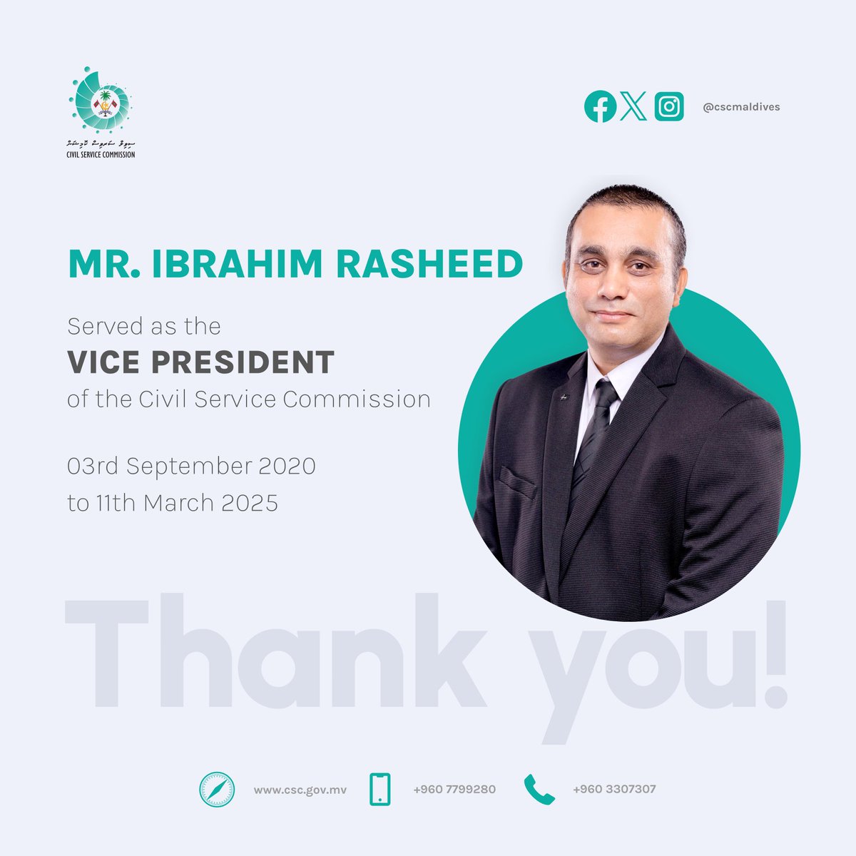 cscmaldives's tweet photo. We would like to express our sincere gratitude to Mr. Ibrahim Rasheed for his dedicated service as the Vice President of the Commission. https://t.co/k8A7fTCnhj