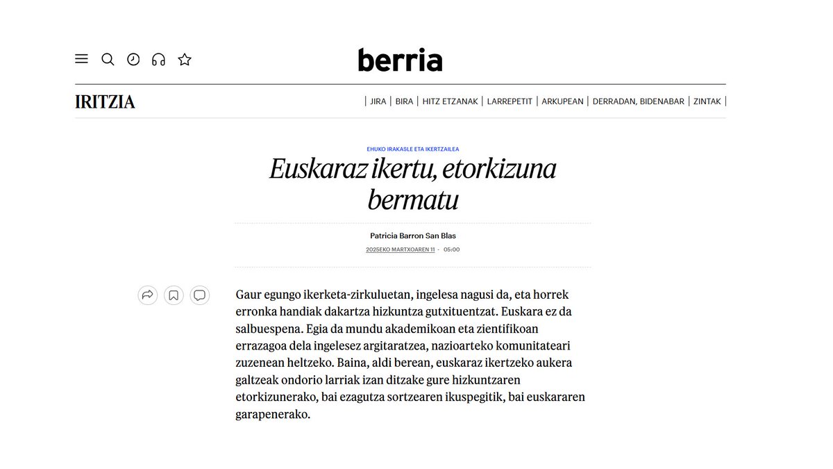 Bitartez (@bitartez) on Twitter photo "Euskaraz ikertu, etorkizuna bermatu"
Gaur bertan, gure lankideak, Patricia Barrón-ek (<a href="/barronsanblas/">Patricia Barron San Blas</a>) iritzi artikulu berri bat argitaratu du <a href="/berria/">Berria.eus</a>-n euskarazko ikerketa sustatzearen inguruan.
✨ bit.ly/berriaeuskaras… "Euskaraz ikertu, etorkizuna bermatu"
Gaur bertan, gure lankideak, Patricia Barrón-ek (<a href="/barronsanblas/">Patricia Barron San Blas</a>) iritzi artikulu berri bat argitaratu du <a href="/berria/">Berria.eus</a>-n euskarazko ikerketa sustatzearen inguruan.
✨ bit.ly/berriaeuskaras…