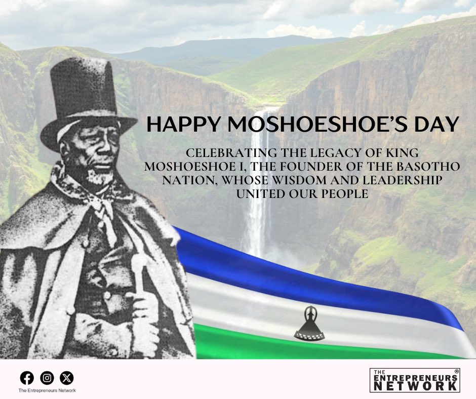 To the great Basotho Nation Leader, Morena Moshoeshoe I, the Founder of the Basotho Nation!

Happy Moshoeshoe’s Day Chabana sa Khomo

#MoshoeshoesDay #basothoheritage #basothonation #Lesotho #tenlesotho #entrepreneurship