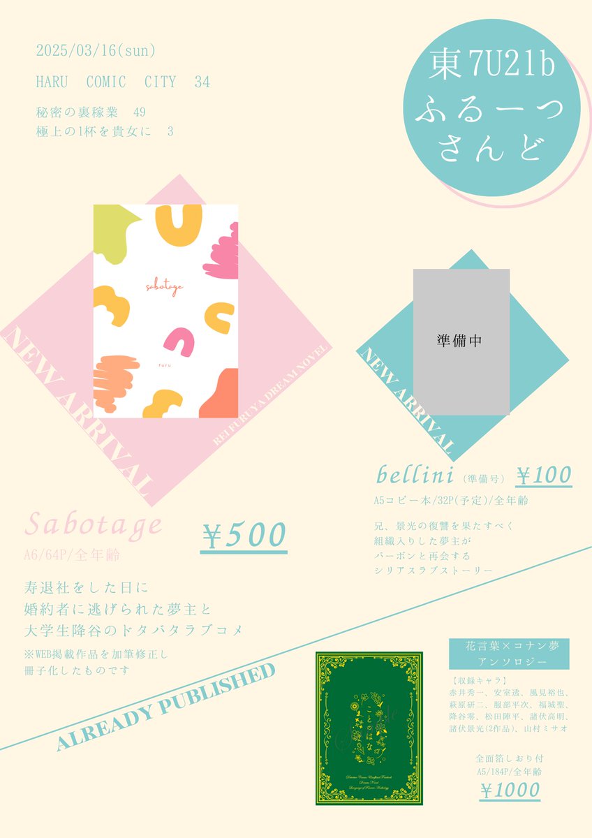 3/16のお品書きです。
予定とは違う作品ですが、入稿したのでトラブルがなければ新刊あります！
お品書きに載せてませんが、12月に頒布したhrmt夢既刊も持ち込み予定です。
よろしくお願いいたします。
