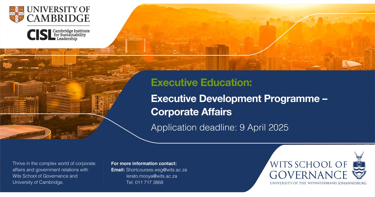 Wits School of Gov (@wits_wsg) on Twitter photo Join the Executive Development Programme ā Corporate Affairs to master governance, stakeholder engagement & public policy with insights from global experts.
š Johannesburg & UK
šshorturl.at/cJltA
š© shortcourses.wsg@wits.ac.za
#ExecutiveEducation #CorporateAffairs Join the Executive Development Programme ā Corporate Affairs to master governance, stakeholder engagement & public policy with insights from global experts.
š Johannesburg & UK
šshorturl.at/cJltA
š© shortcourses.wsg@wits.ac.za
#ExecutiveEducation #CorporateAffairs