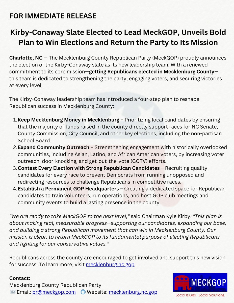 meckgop's tweet image. 📰🔊  Exciting News! The Kirby-Conaway slate is leading MeckGOP with a clear mission—elect Republicans and win in Mecklenburg County!  With a bold plan to strengthen our party,  we’re ready to build a winning movement!  Learn more: mecklenburg.nc.gop #MeckGOP #MeckRED #ncpol