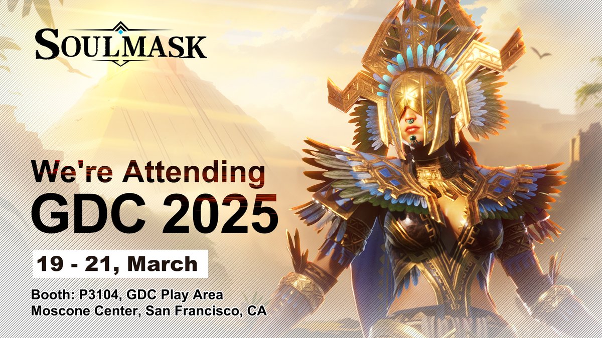 Cheiftains, #Soulmask is heading to #GDC2025! 

We’ll have awesome demos of #Soulmask and #WarborneAboveAshes waiting for you at our booth 🤖😼. 

Repost this post for a chance to win a GDC 2025 pass! Let’s meet up in San Francisco😚
