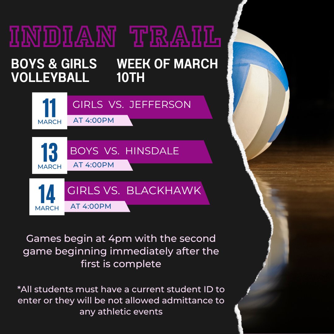 Volleyball lineup for the week of March 10th. Good luck to all teams!