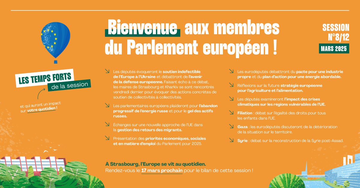📢Les membres du Parlement européen se réunissent cette semaine à #Strasbourg 
👉 Découvrez quelques-uns des points à l’ordre du jour
🇪🇺 A Strasbourg, l’Europe se vit au quotidien
👉 Rdv lundi 17 mars, pour le bilan de cette 8ème session parlementaire. #Europe #Strasbourg