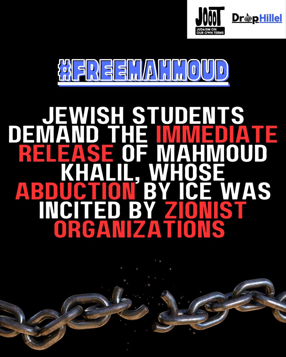 JudaismOOOT's tweet photo. Joint statement with @drophillel 

Jewish students demand the immediate release of Mahmoud Khalil, whose abduction by ICE was incited by Zionists institutions pushing to merge Judaism &amp; Zionism, while violently punishing dissent. 

Shut it down today! https://t.co/AOspAD9zVK